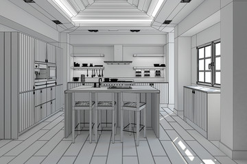 3D Interior rendering of a modern kitchen