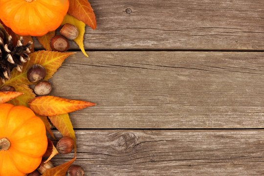 Autumn side border of pumpkins and leaves against a rustic wood background