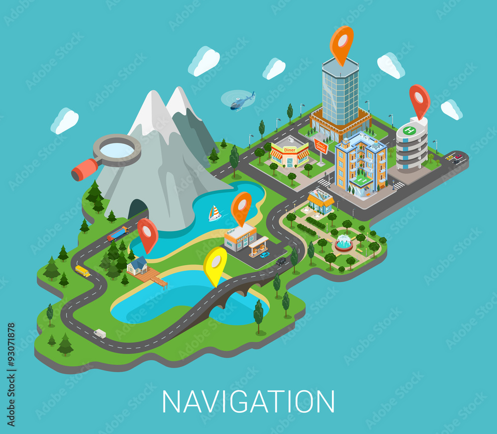 Poster mobile navigation in flat 3d isometric vector: gps map markers
