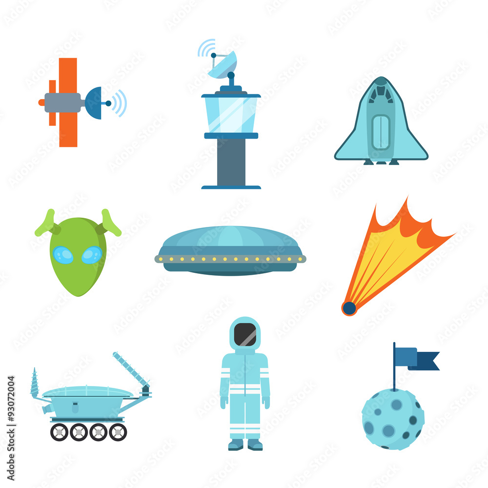 Poster flat vector space alien web app icons: satellite spaceship ufo