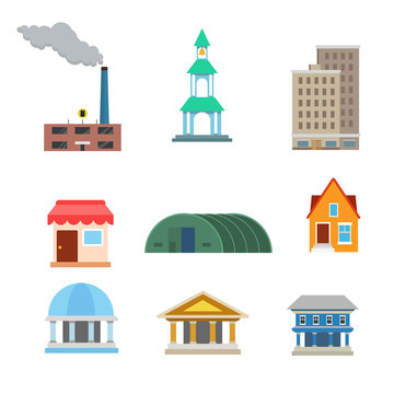 Flat vector buildings website app icon: plant shop municipal