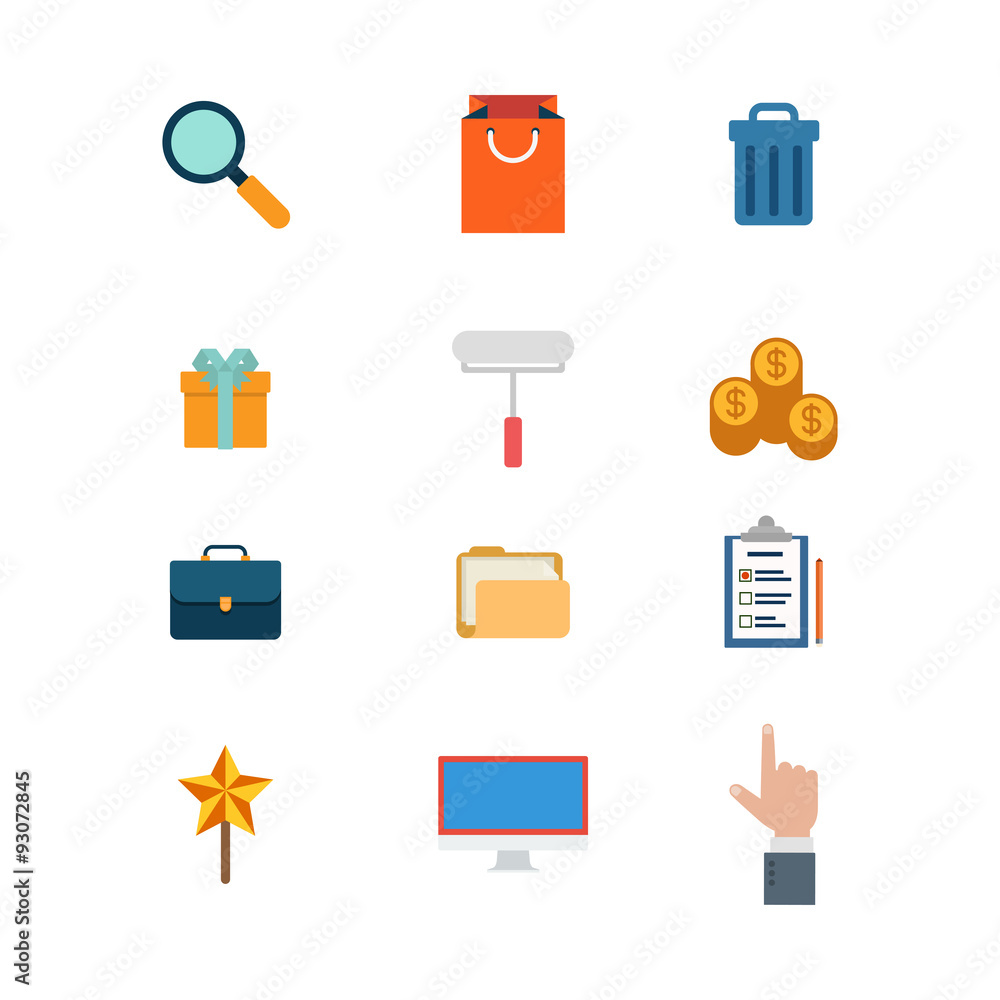 Poster flat vector website icons: search add shopping bag cart trash