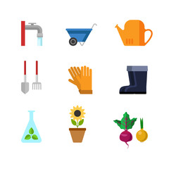 Flat vector gardening tools web app icon: rubber boots sunflower