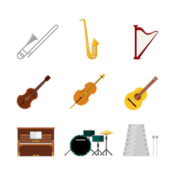 Flat vector classic music instruments web app icon: drum cello