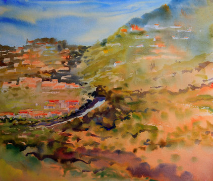 Mountain landscape painted by watercolor.