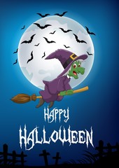 Cartoon witch flying on broom stick with full moon background