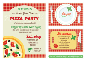 Vector Make Your Own Pizza Party Invitation Set. Recipe Card