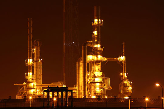petrochemical industry plant sunset scene