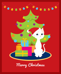 Colorful vector illustration of a cute cartoon white cat with Santa hat sitting on the carpet near the christmas tree and pile of presents. Red background, text "Merry Christmas".