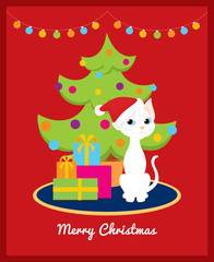 Colorful vector illustration of a cute cartoon white cat with Santa hat sitting on the carpet near the christmas tree and pile of presents. Red background, text 
