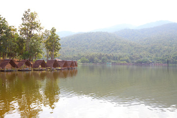 Fototapeta na wymiar Bamboo Rafts the Reservoir in Chiang Mai
