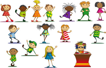 Joyful children in colorful dress dancing next to DJ