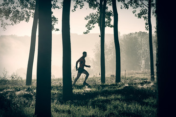 Man running on a path in a forest