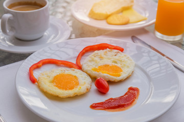 Happy Face Frying Eggs breakfast with coffee