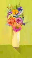 Fototapeta premium Still life of white, yellow and red color flowers .Oil painting a bouquet of rose,daisy and gerbera flowers in vase on green color background. Hand Painted floral modern Impressionist style