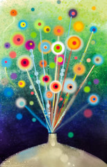 Fototapeta premium Abstract floral watercolor painting. Hand painted Yellow and Red flowers in soft color on green, blue background. Still life Abstract flower paintings in vase. Spring flower seasonal nature background