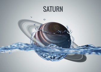 Solar system planet drops in to the water with splash. Elements