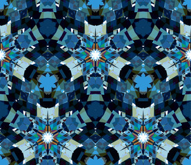 Blue kaleidoscope background. Seamless pattern composed of color abstract elements located on white background.