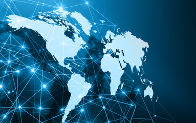 World map on a technological background, glowing lines symbols