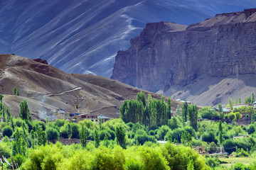 Layers of Himalayan mountains, view of Leh ladakh landscape, at Mulbekh, light and shadow, Jammu and Kashmir, India