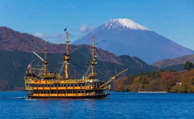 Sightseeing ship and view of mountain Fuji at Lake ashi , Hakone , Kanagawa prefecture