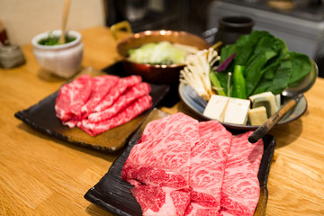 Fresh Beef, pork slices and seafood for Sukiyaki