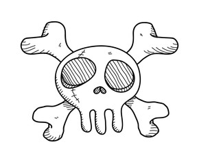 Biohazard Skull Doodle, a hand drawn vector doodle illustration of a skull with crossed bones behind it.
