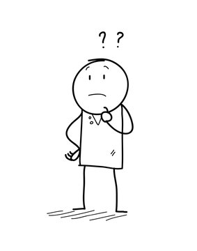 Curiosity Doodle, a hand drawn vector illustration of a curiosity concept, depicting a stick figure character with question marks over his head.