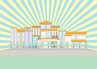 Landscape of city with building and sun ray flat design soft light color tone. Vector illustration.