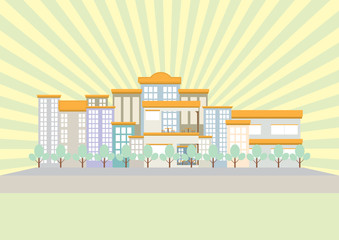 City with building and sun ray flat design soft light color tone
