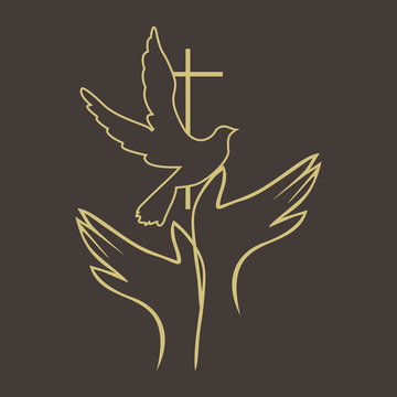 Church logo. Hands, dove, holy spirit, cross, icon