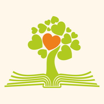Church logo. Heart tree on the pages of a Bible