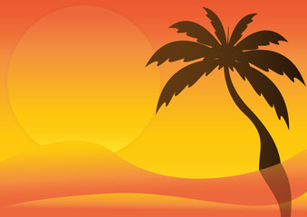 Silhouette of desert with sunrise and palm tree.