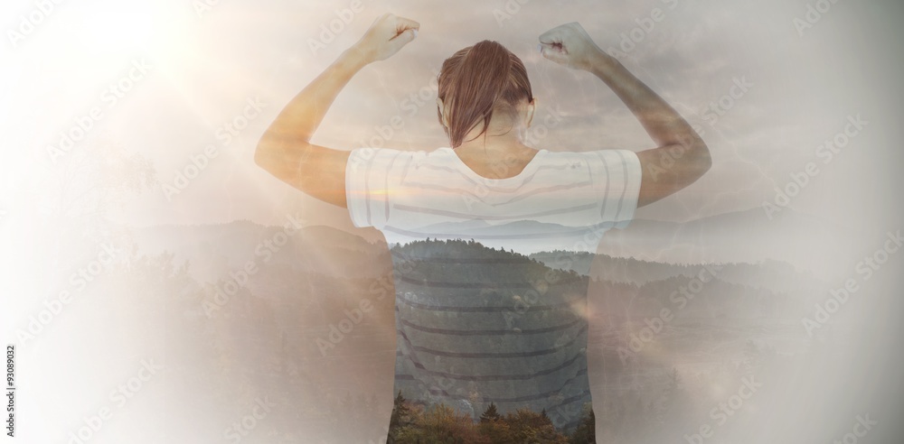 Wall mural Composite image of depressed woman with hands raised