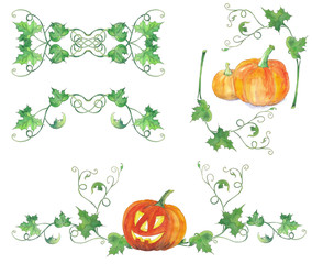 Set of decorations for background with bright halloween pumpkins. Original watercolor pattern.