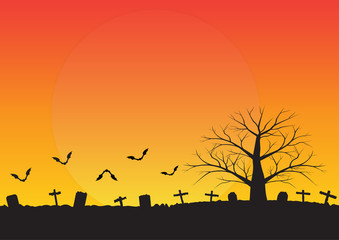 Fototapeta na wymiar silhouette scene of gravestone and dead tree. 