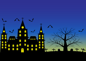 Church and graveyard with dead tree and flying bats and blue sky