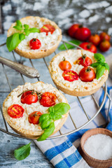 sand tarts with goat cheese and cherry tomatoes, vegetarian food