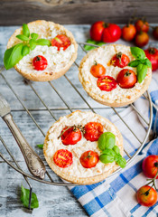 sand tarts with goat cheese and cherry tomatoes, vegetarian food