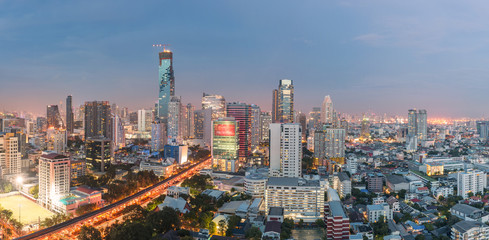 Naklejka premium Bangkok city business zone in sunset ,twilight time