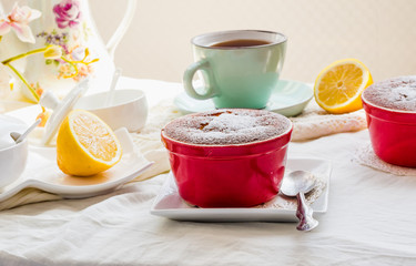 lemon pudding red saucers, tea, english dessert
