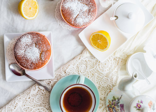 lemon pudding red saucers, tea, english dessert