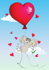 Happy mouse flying in a balloon in the form of heart on backgrou