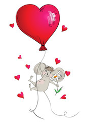 Happy mouse flying in a balloon in the form of heart