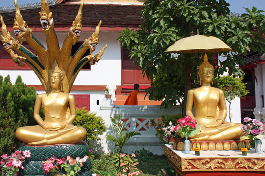 Laos, statues d'un temple bouddhiste à Luang Prabang