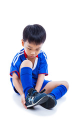 Youth child tying shoe and prepare for competition. Full body