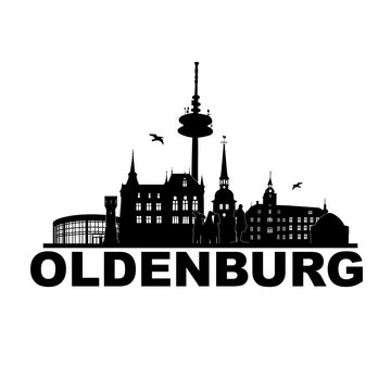 Oldenburg Niedersachsen Skyline Scherenschnitt Logo Sehenswürdigkeiten Poster Bild Hintergrund Vektor