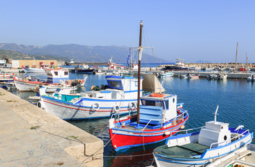 Fototapeta na wymiar Peaceful harbour, port and marina of Ormos Marathokampos on the Greek island of Samos in the Aegean Sea near Turkey