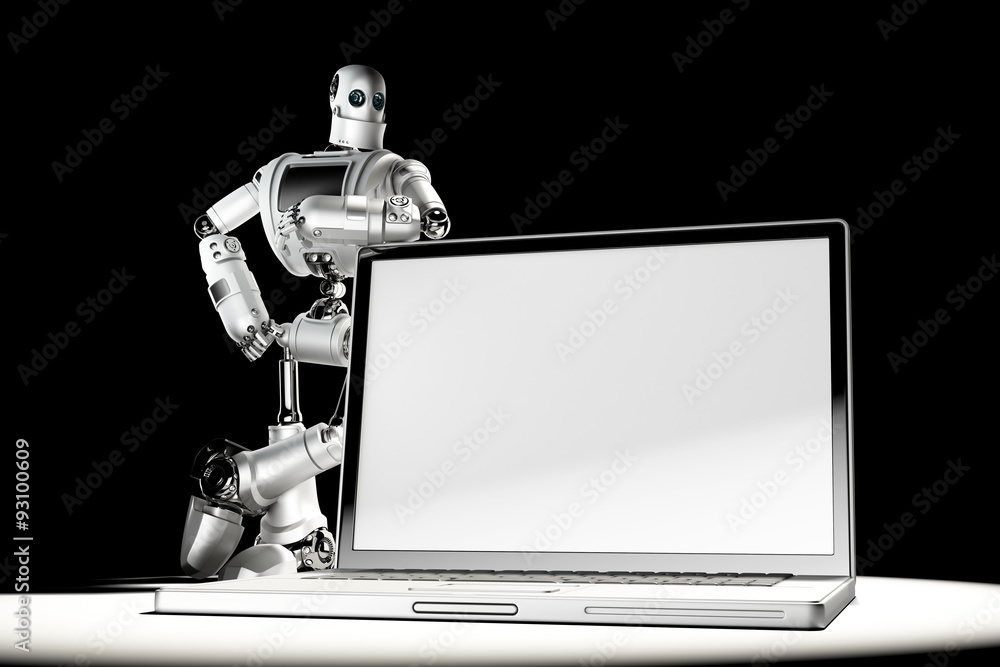 Poster robot with blank screen laptop. image containc lipping path of laptop screen and entire scene