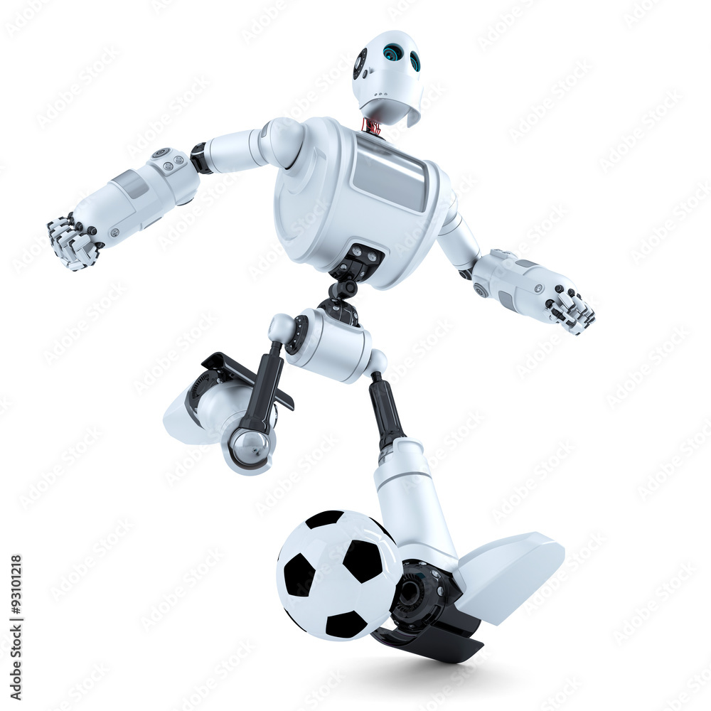 Poster 3d robot playing football. isolated. contains clipping path
